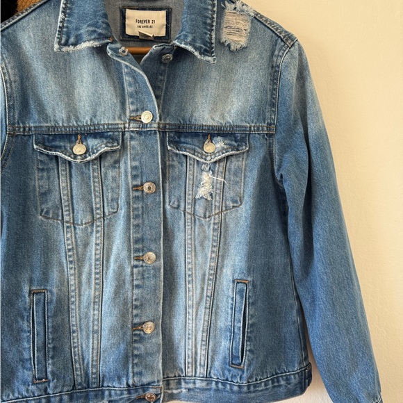 Forever 21 J’adore Le Rock N’ Roll Distressed Blue Denim Jean Jacket Small - Picture 8 of 13